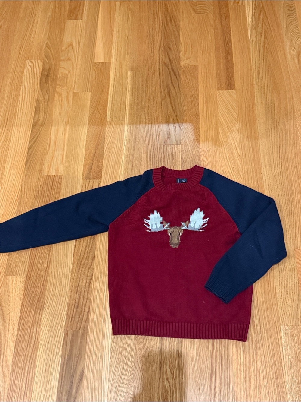 Kids size 6 Janie and Jack Red Moose Intarsia Sweater with Navy Sleeves